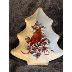 Lenox Winter Greetings Candy/Nut Dish Tree‎ Shaped  Cardinal 24k Gold Rim…